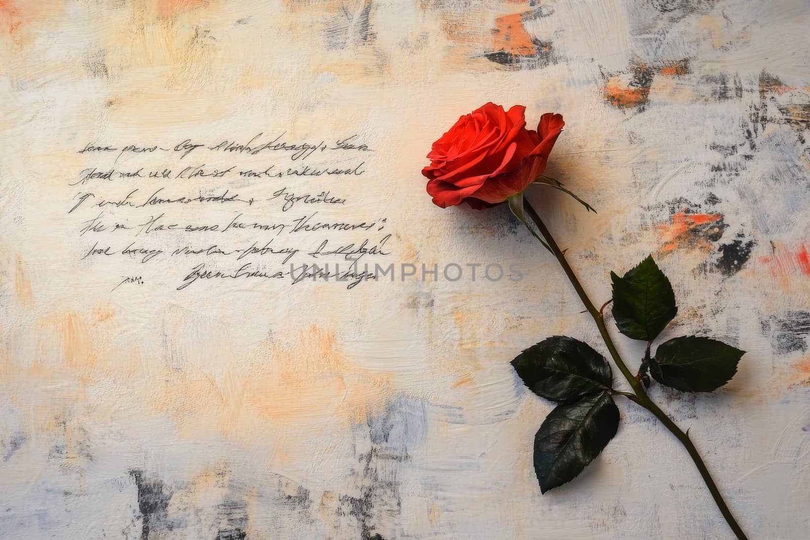 single red rose lying on handwritten poem, symbolizing love and emotion. soft light enhances romantic atmosphere..