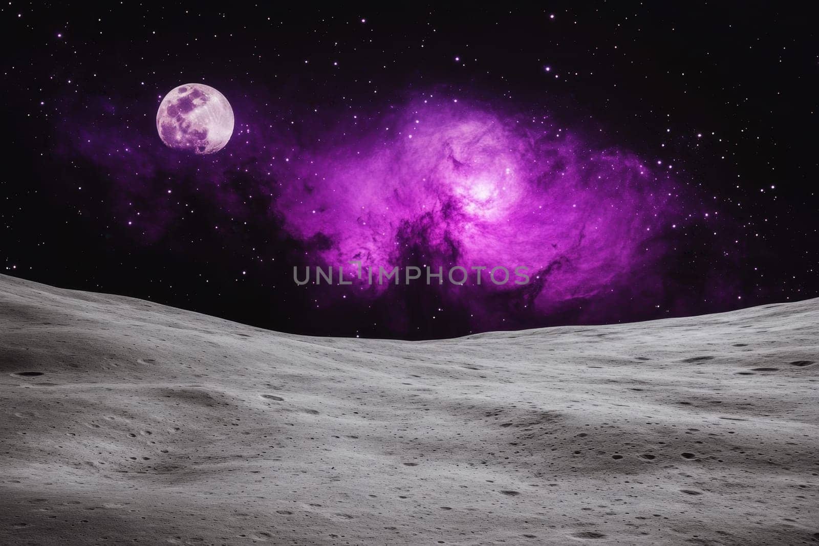 purple nebula space view from the Moon's surface..