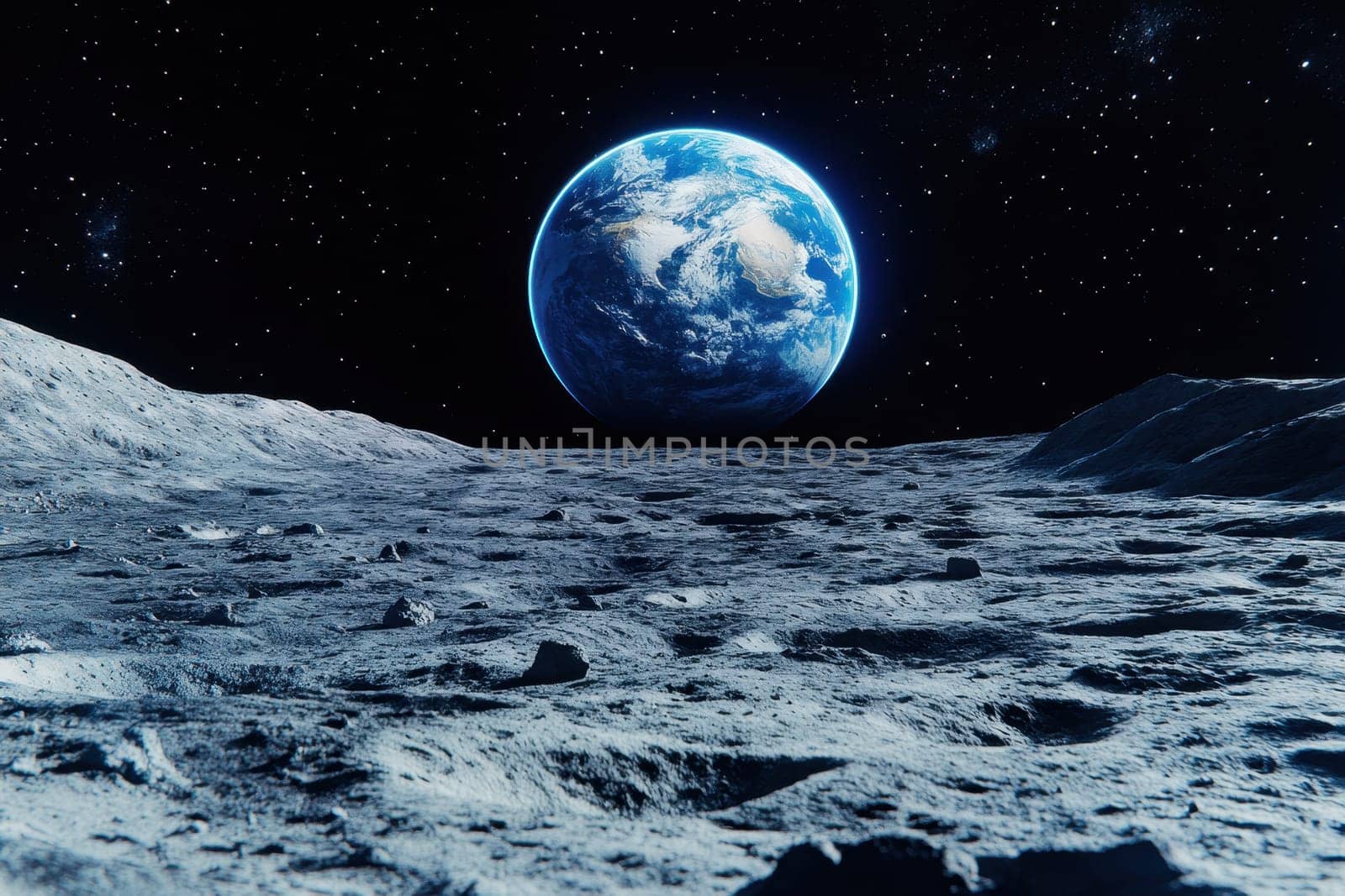 Breathtaking View of Earth from the Lunar Surface in Space. generative ai.