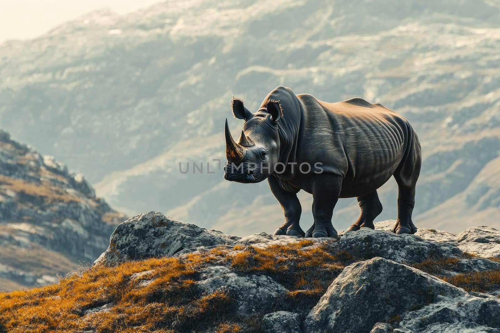 A Rhinoceros Standing on Rocky Terrain with Scenic Landscape Background. generative ai ..