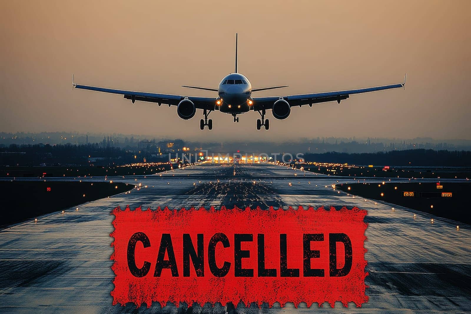 Canceled flight ticket, blurred airplane in the background. High quality illustration