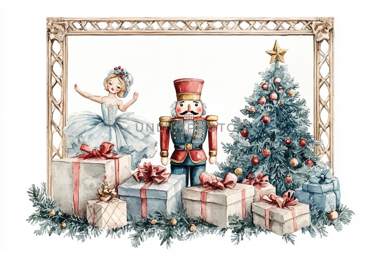 A delightful holiday setting showcases a nutcracker and a ballet dancer among beautifully wrapped gifts and a tree.