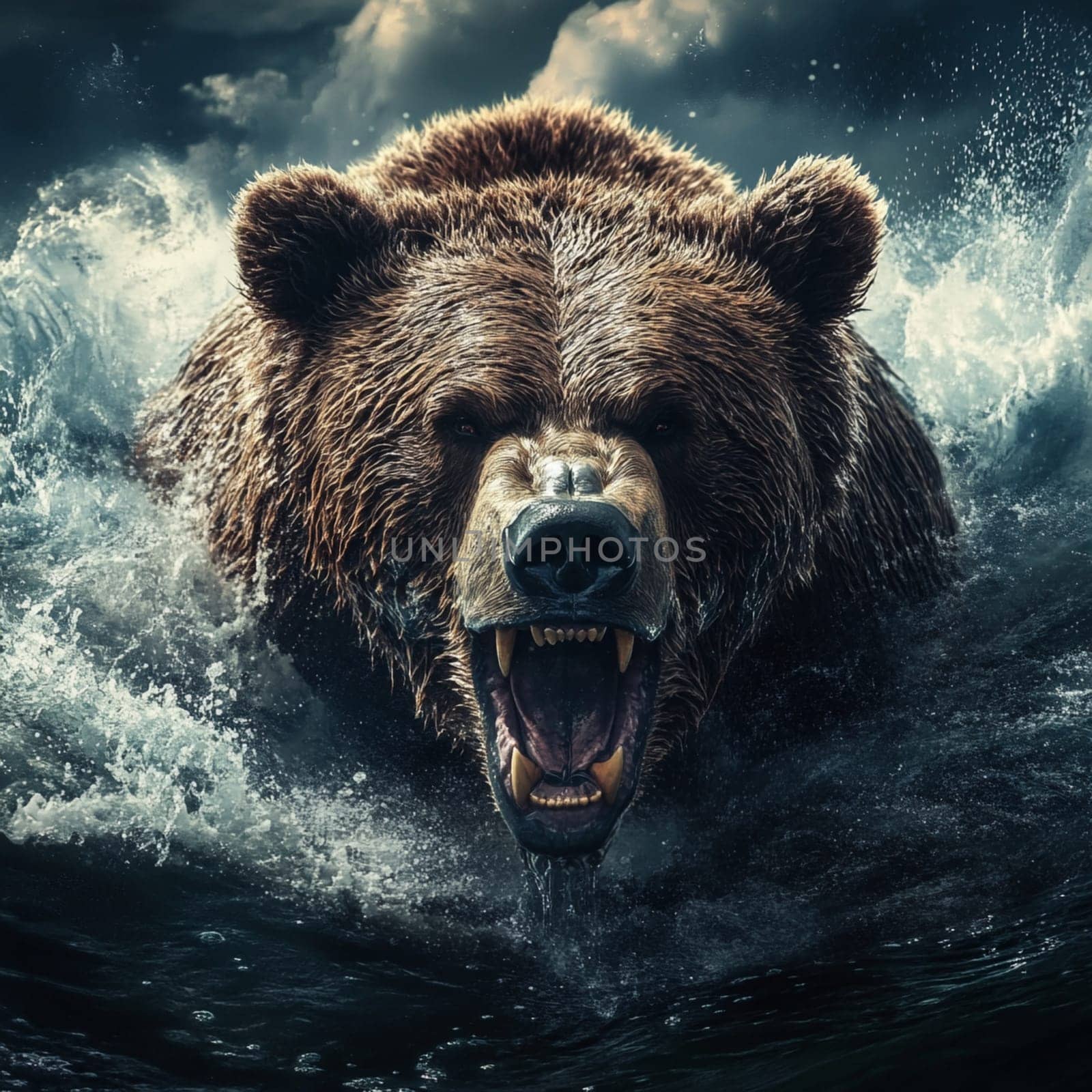 Powerful grizzly bear charges through dark waves, its roar resonating amidst dramatic clouds and stormy weather.