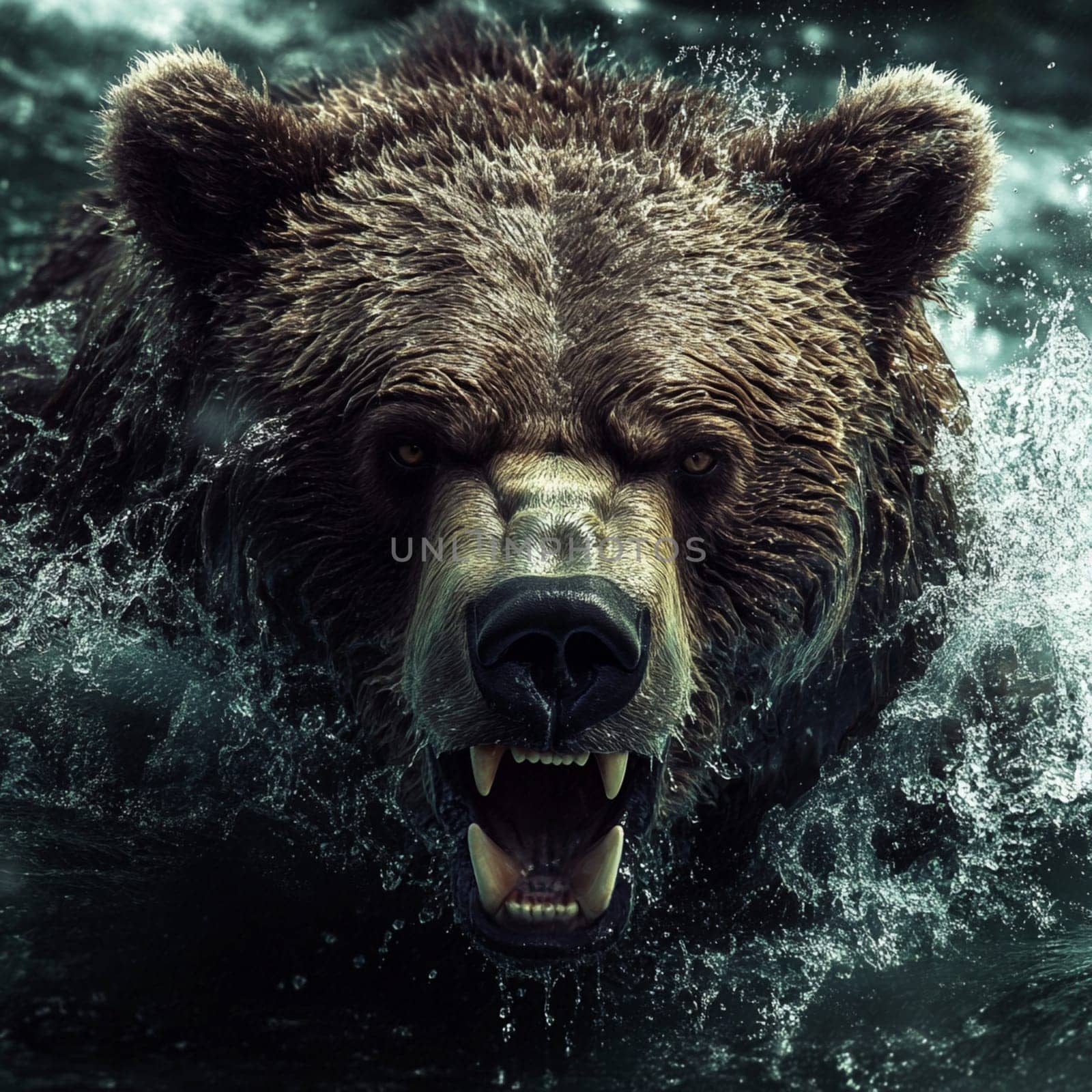 A majestic bear bursts through the surface of the water at dawn, showcasing strength and determination in nature.
