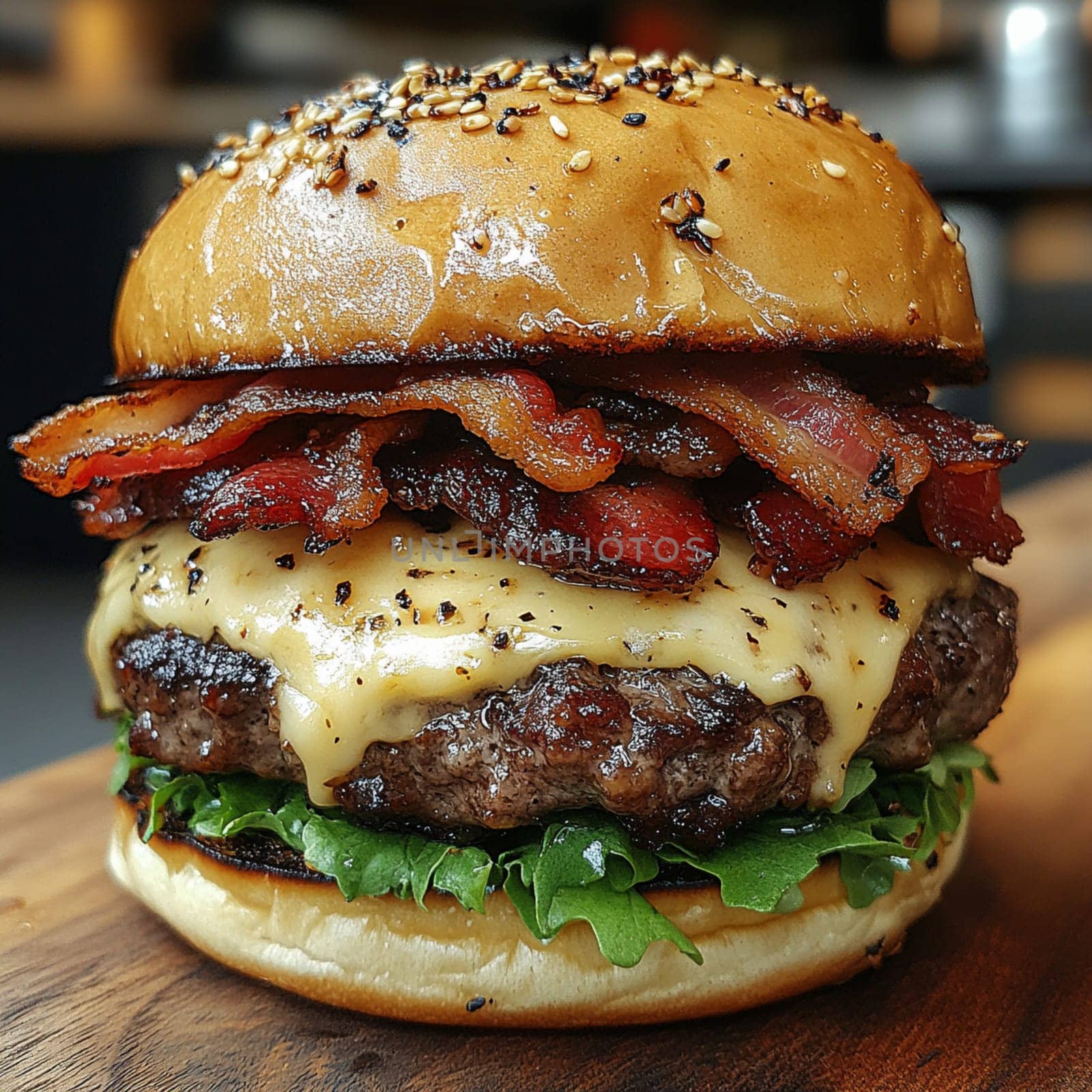 A mouthwatering burger topped with crispy bacon and gooey cheese rests on a wooden board in a lively setting.