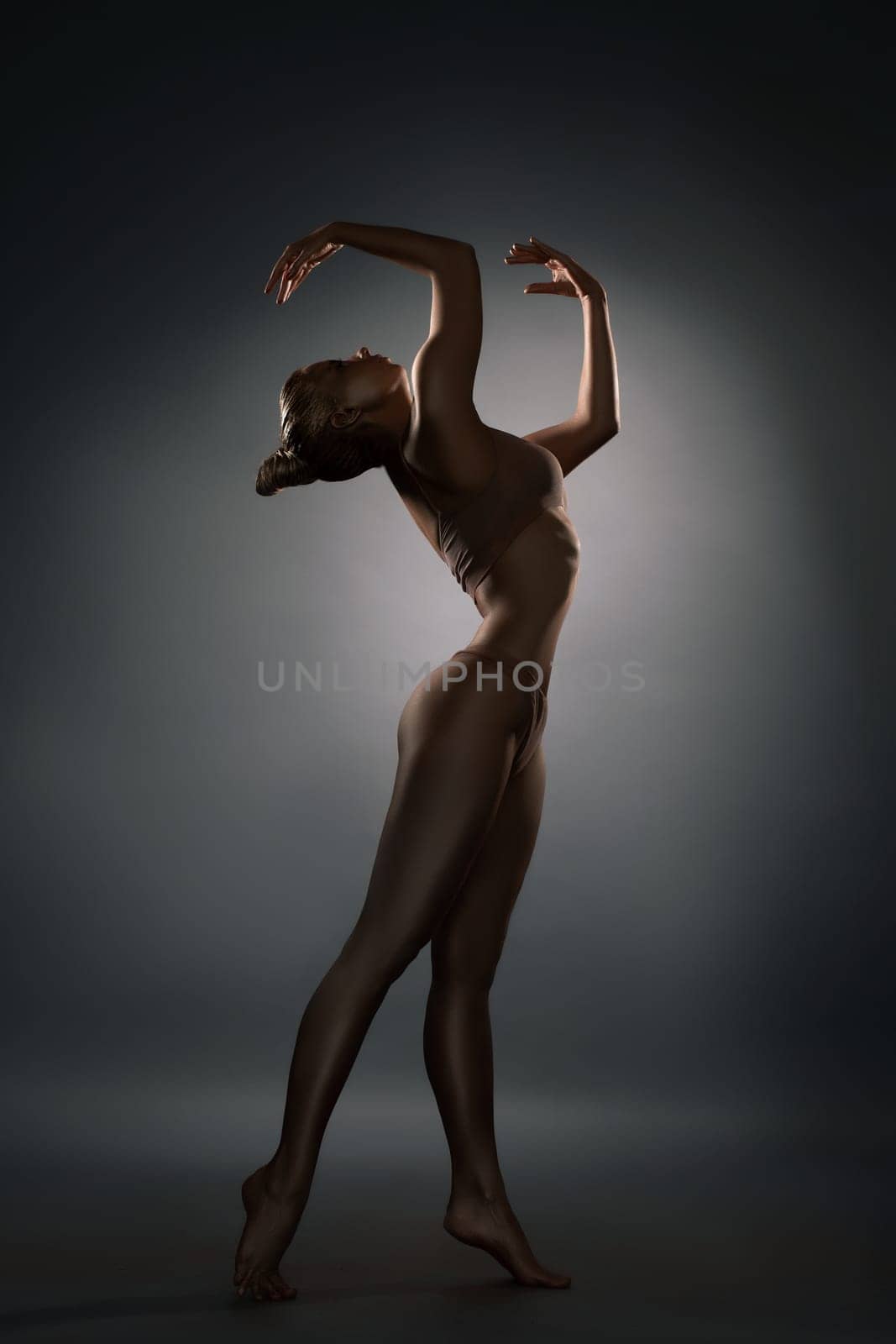 Graceful girl in ligerie with gold bodyart profile shot in the dark room