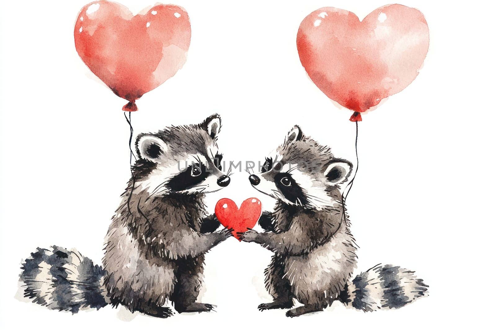 A Playful raccoons holding red heart with heart shaped balloons, expressing love