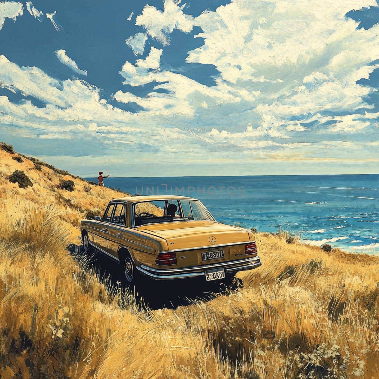 A vintage yellow car rests on a grassy hill overlooking the ocean, evoking nostalgia and adventure.
