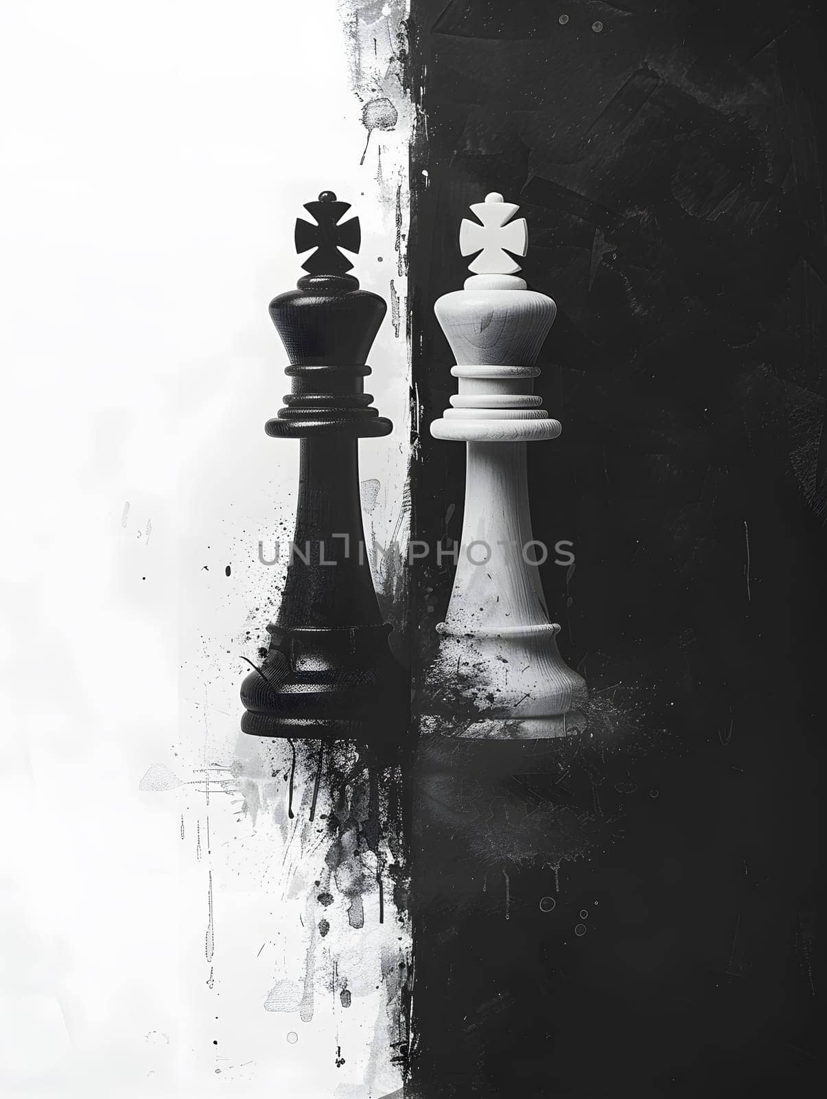 A monochrome photo of two chess pieces, showcasing symmetry and darkness. The tints and shades create a visually striking image, perfect for indoor games and art enthusiasts