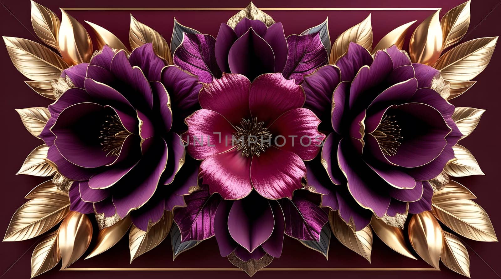 Three large stylized flowers, including a glossy magenta flower and deep purple layered petals, complemented by metallic gold leaves. Ideal for wall art, greeting cards, packaging, branding projects.