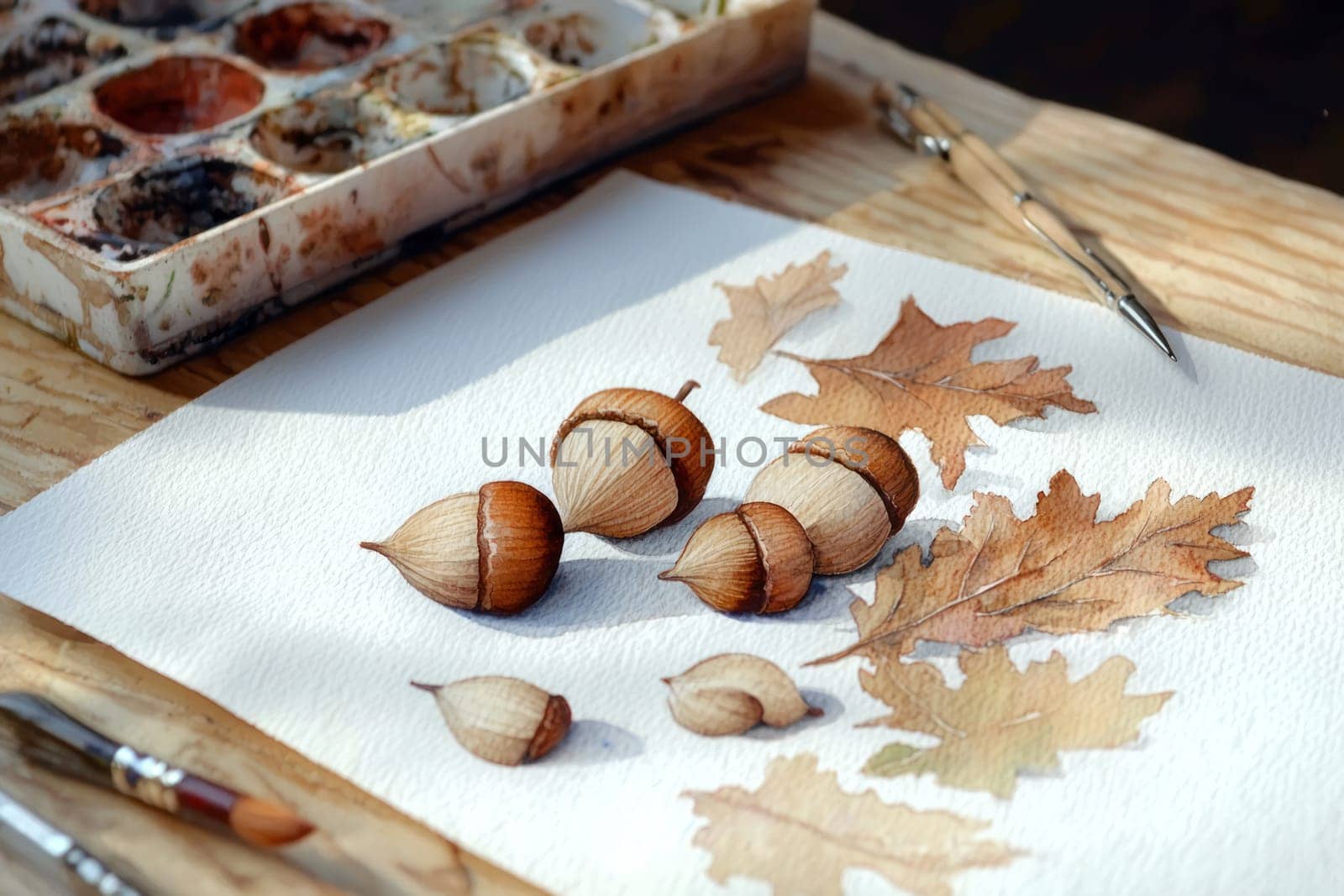 A Watercolor painting of acorns and leaves on textured paper, showcasing nature beauty and detail