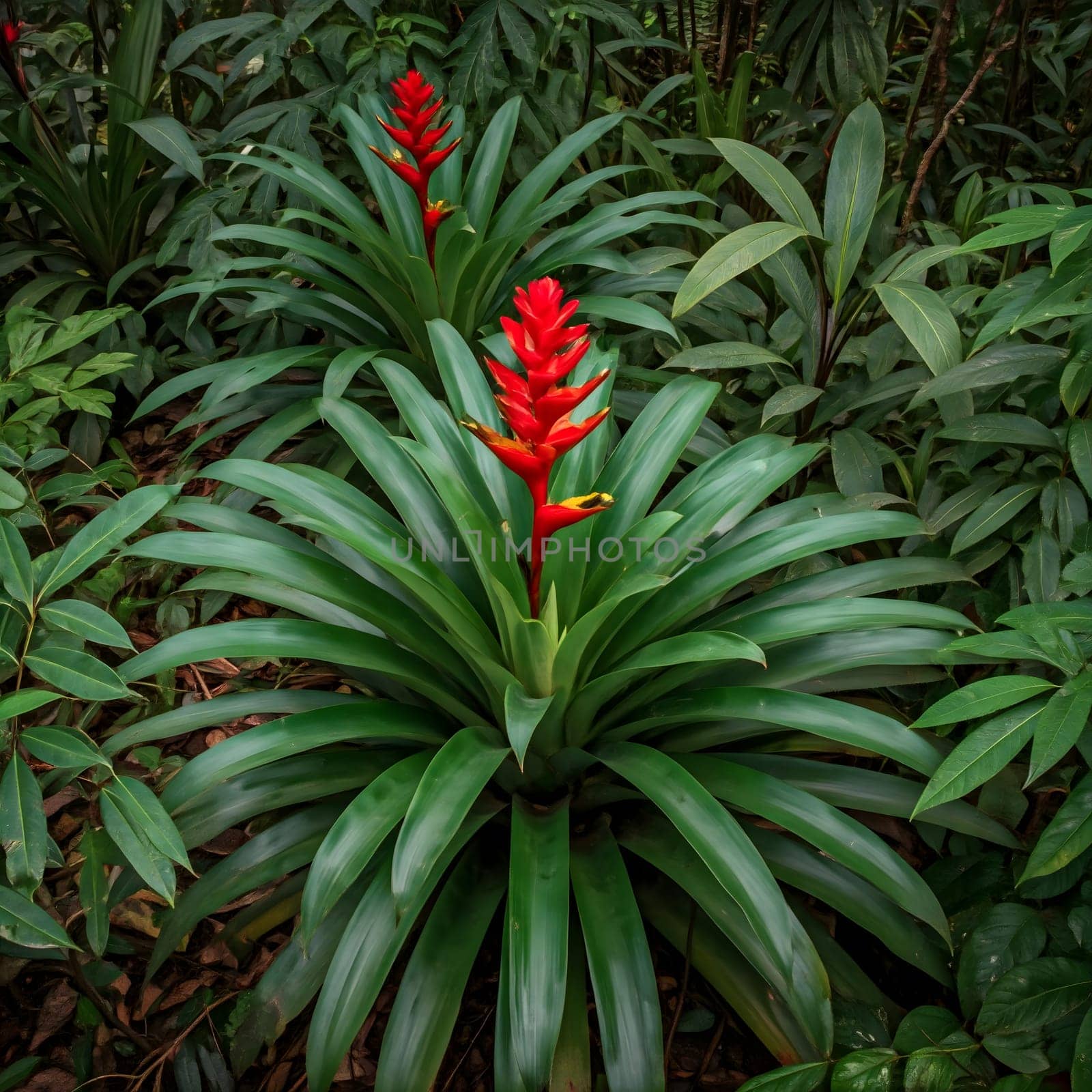 Lush green foliage with vibrant red flowers in a tropical setting, showcasing the beauty of nature Generative AI