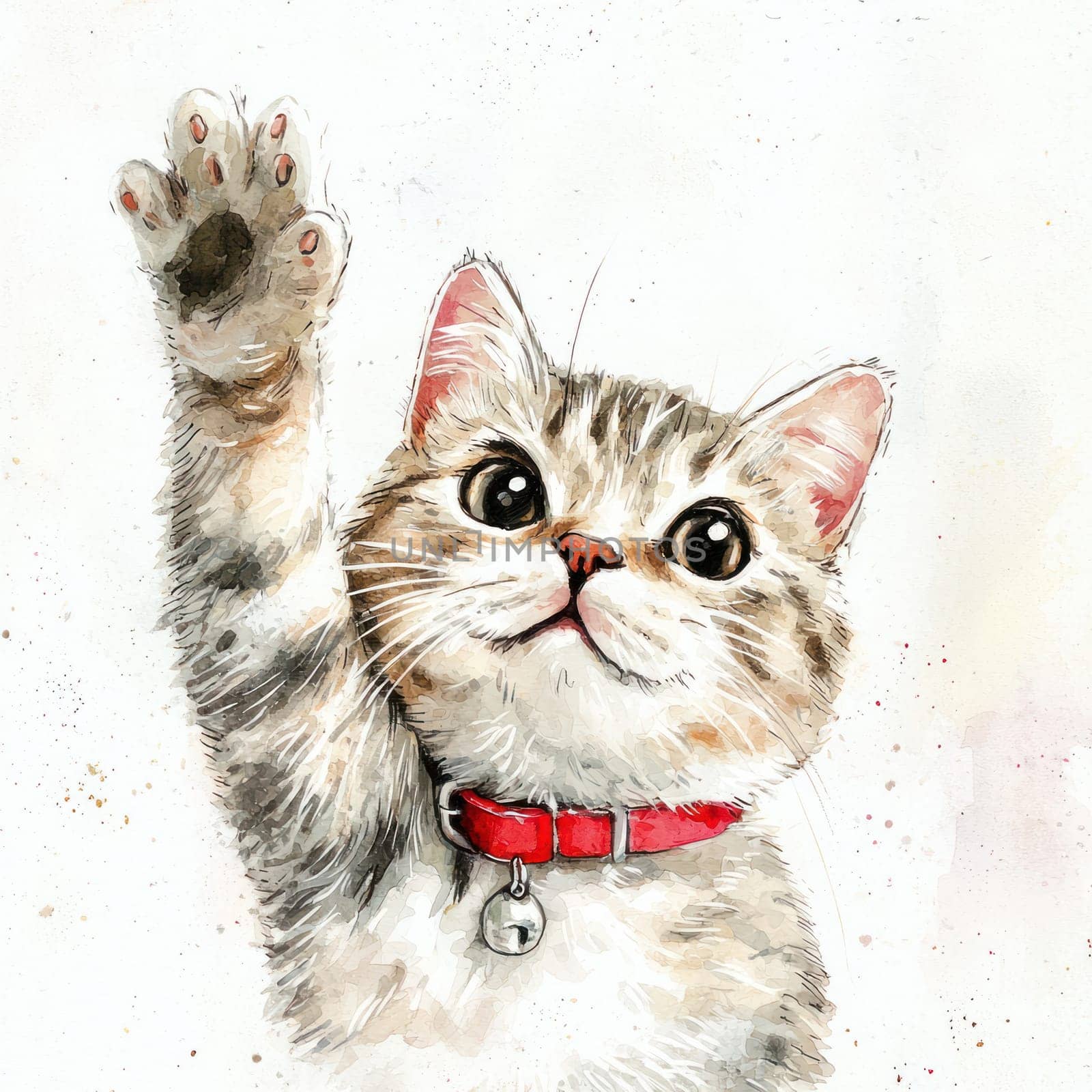 A Cute cat waving with red collar, showcasing playful personality and charm