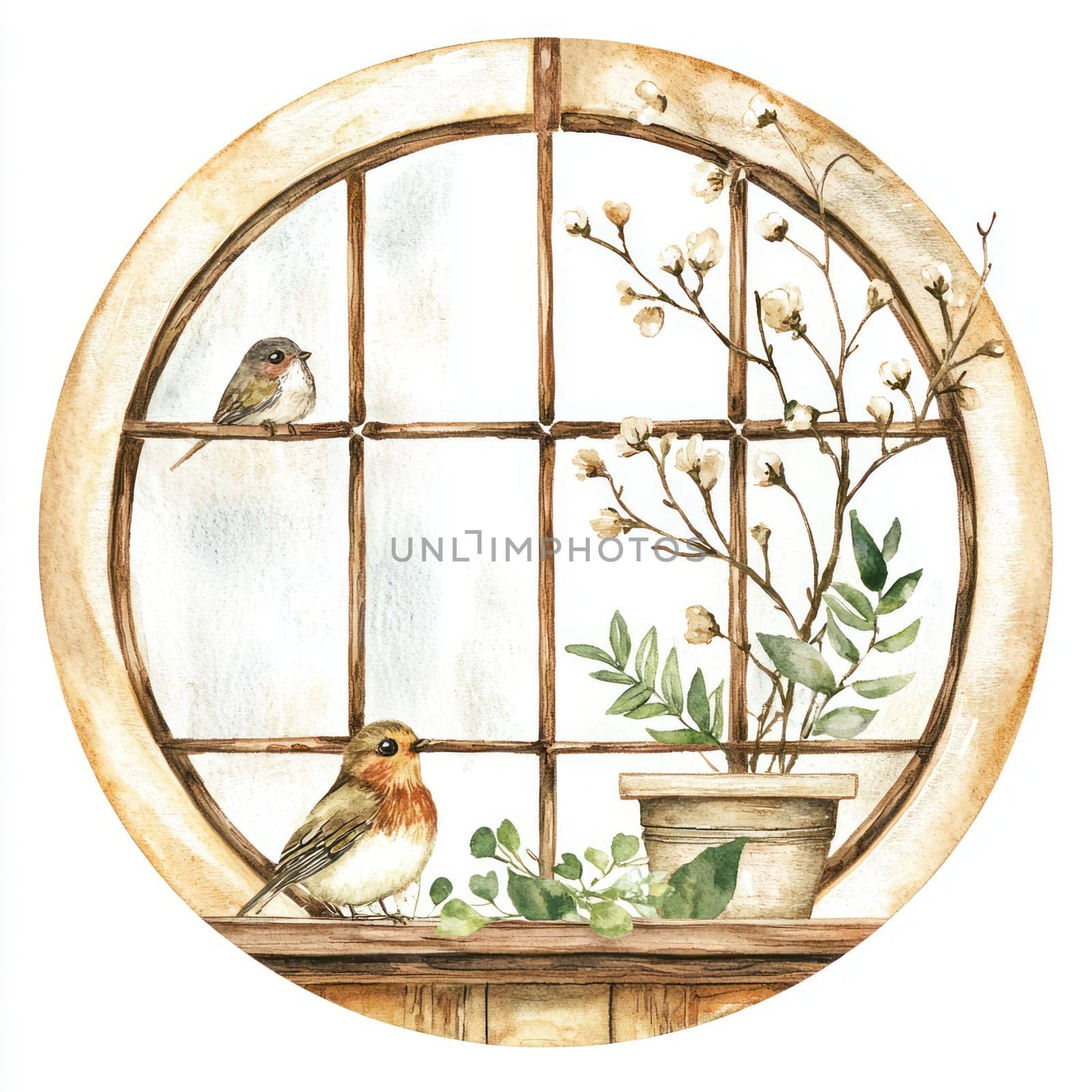 A serene watercolor scene featuring birds by circular window with plants. gentle colors evoke peaceful atmosphere
