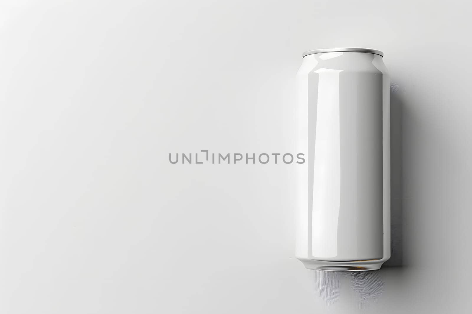 A metallic tin can of white soda rests on a sleek white table, reflecting off the shiny surface made of aluminum and glass