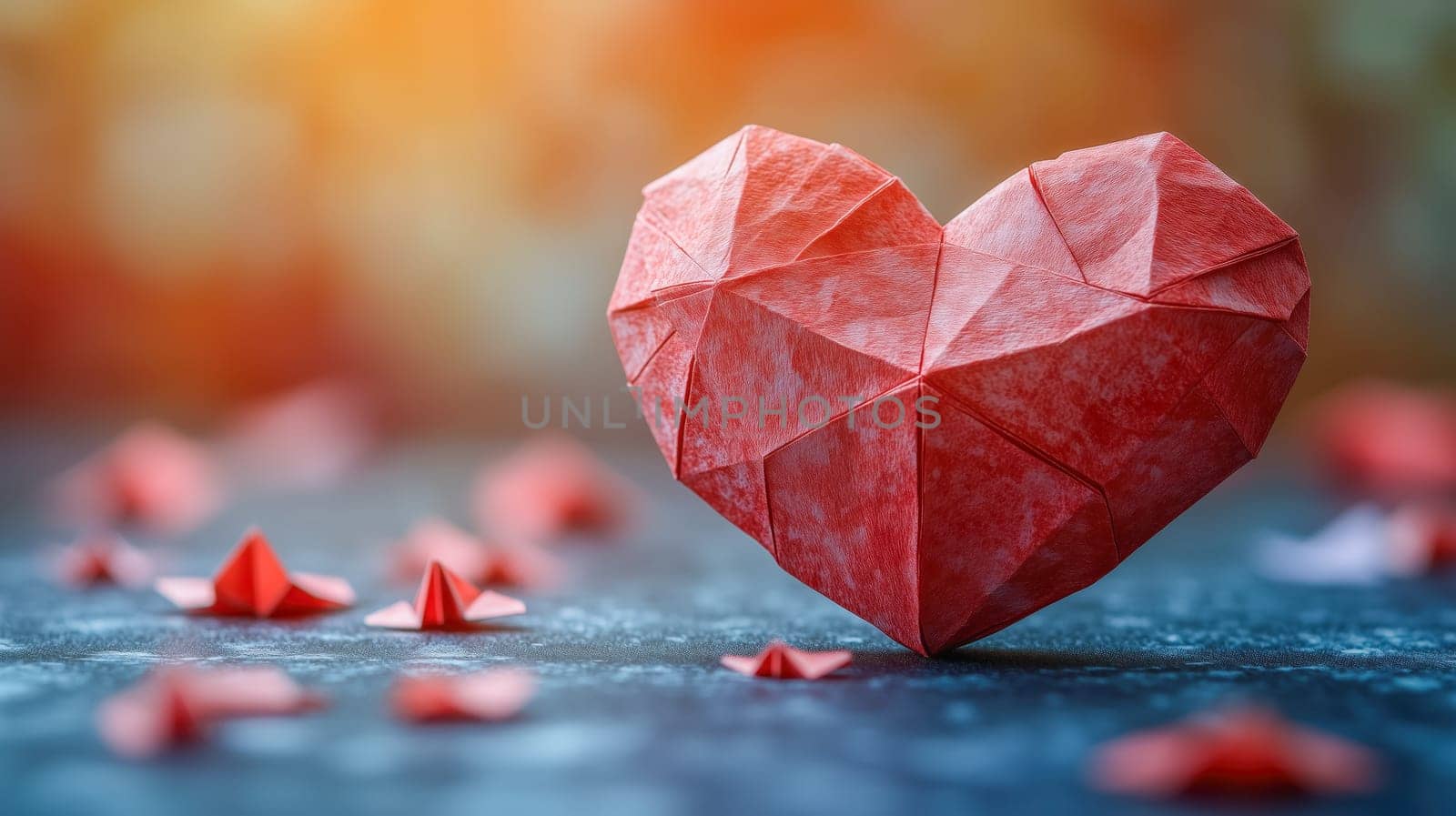 A vibrant red origami heart set against a softly blurred background, symbolizing love, romance, and creativity for Valentine's Day