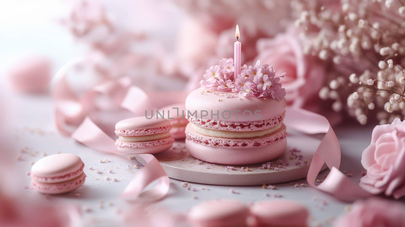 A close-up of a pink macaron topped with a lit candle and decorated with delicate flowers, set amidst soft pink ribbons and a dreamy floral backdrop for a birthday celebration