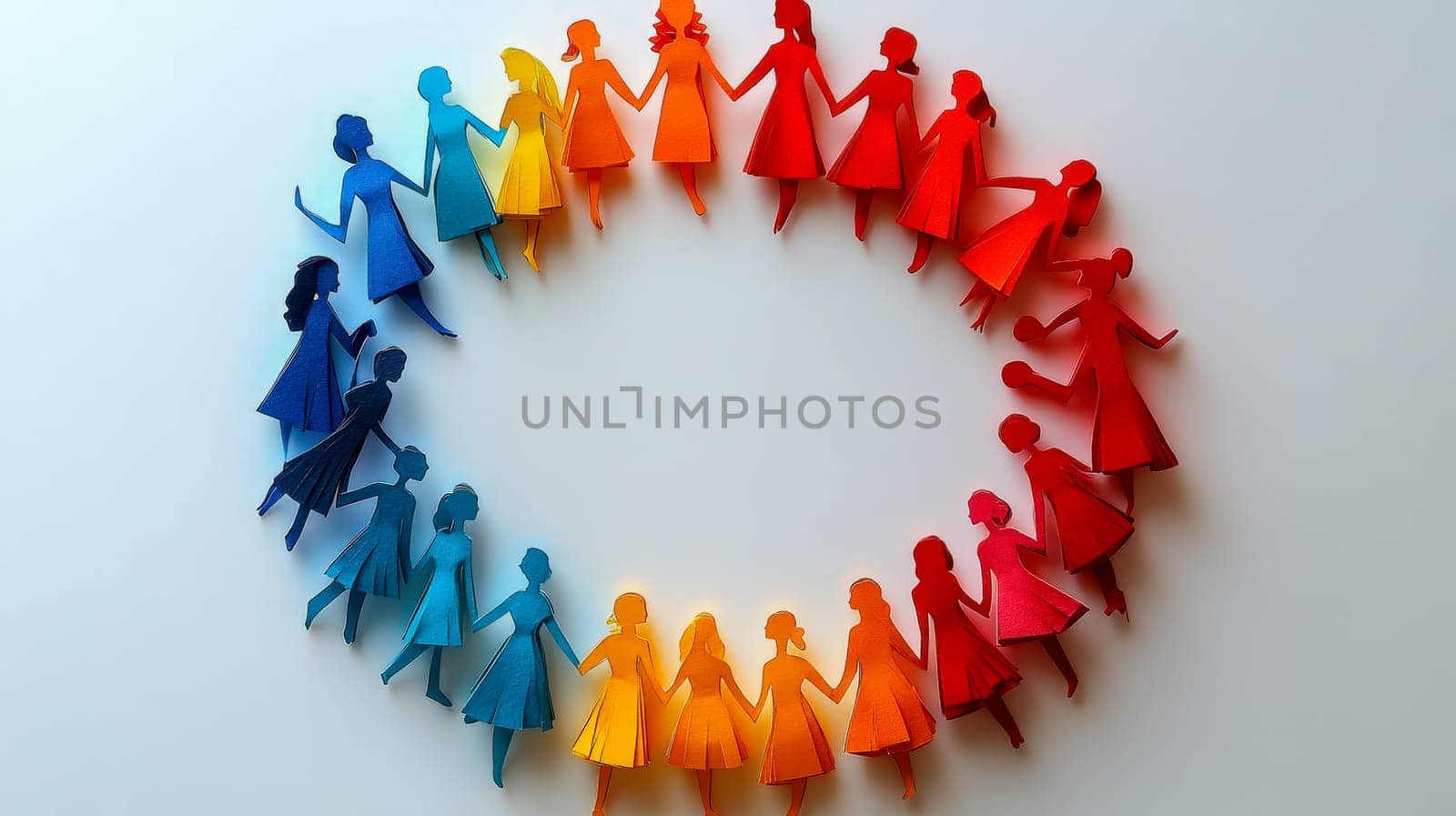Vibrant paper-cut figures of diverse women forming a circular chain symbolizing unity, empowerment, and International Women's Day