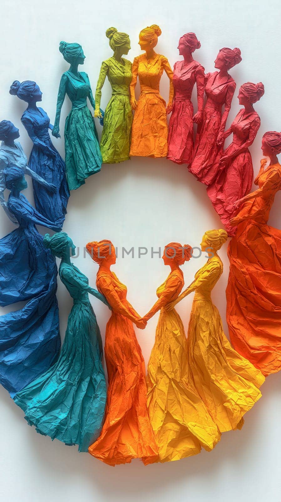 Sculpted figurines of women in vibrant rainbow hues holding hands in a circular formation, symbolizing unity, strength, and International Women's Day celebration