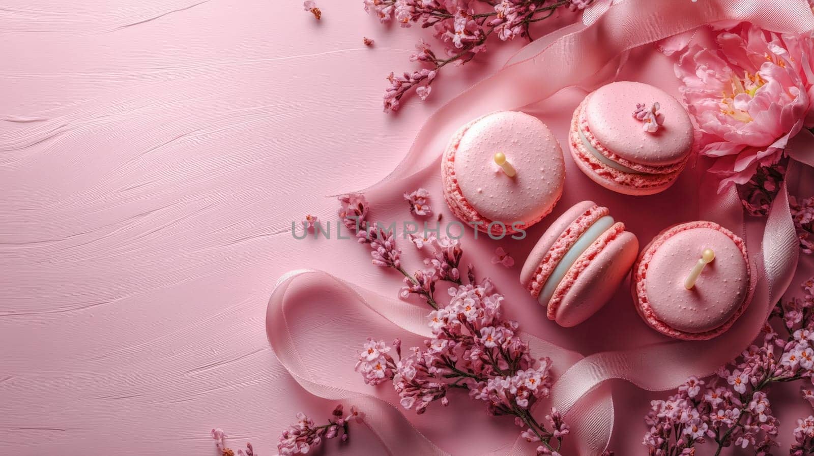 A top-down view of pink macarons adorned with small candles, surrounded by cherry blossoms and pastel ribbons, creating a perfect birthday celebration theme