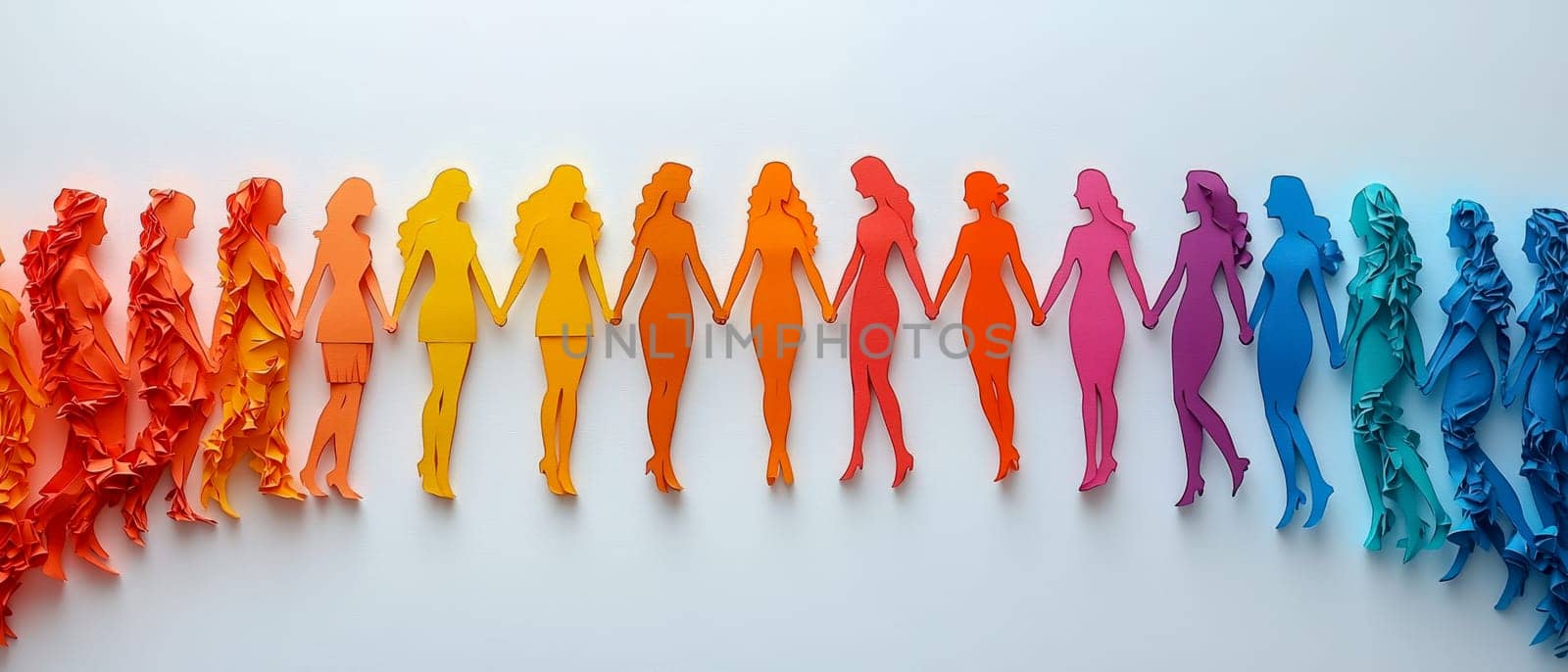 A linear arrangement of vibrant paper-cut silhouettes of women, symbolizing connection, diversity, and empowerment for International Women's Day