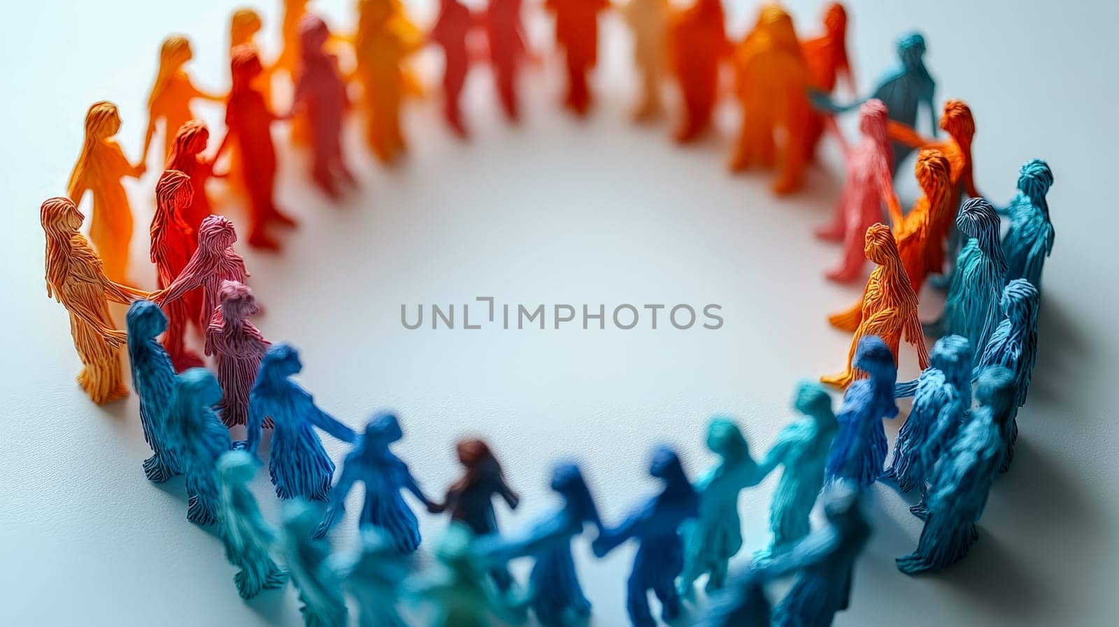Textured sculptures of women in a circular formation with rainbow hues, representing unity, support, and International Women's Day ideals