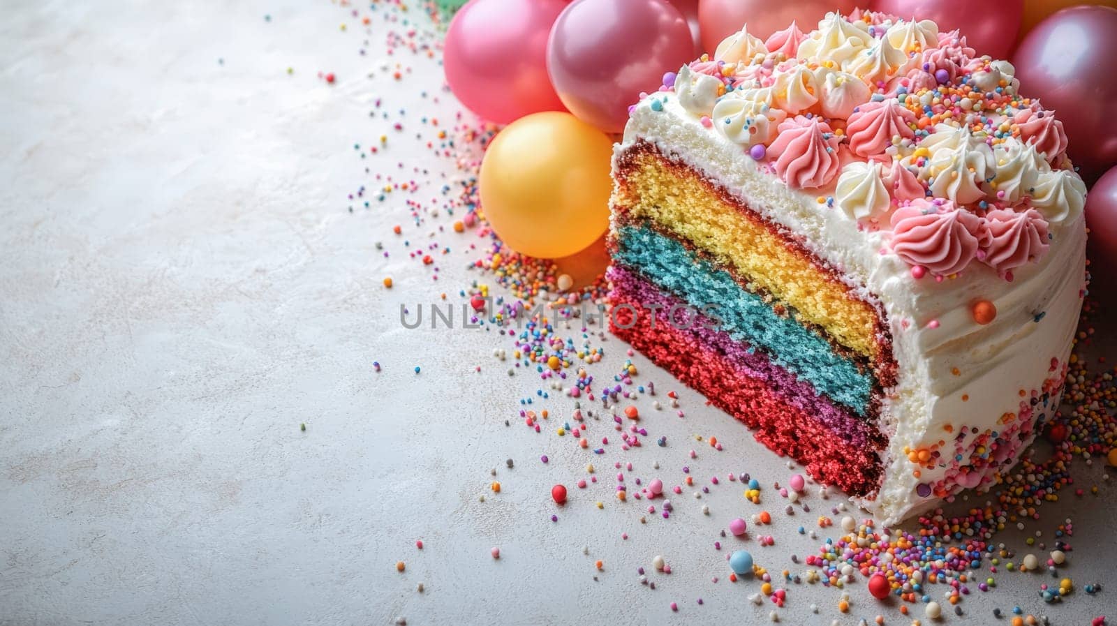 A slice of rainbow cake topped with whipped frosting and sprinkles, placed on a festive table with vibrant pink and yellow balloons, perfect for a cheerful birthday celebration