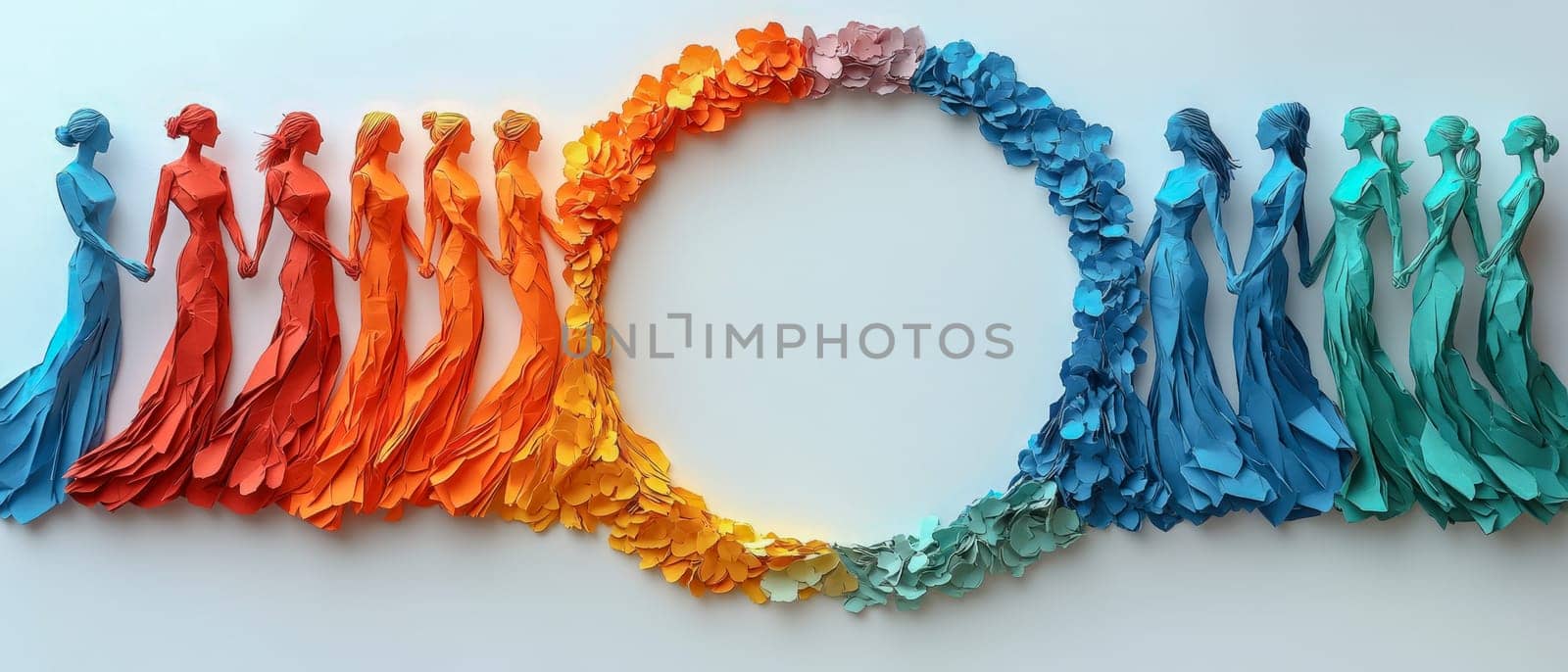 Sculpted paper figurines of women in vibrant rainbow tones forming a circle, surrounded by floral decorations, representing unity, diversity, and International Women's Day. Includes space for text placement in the center