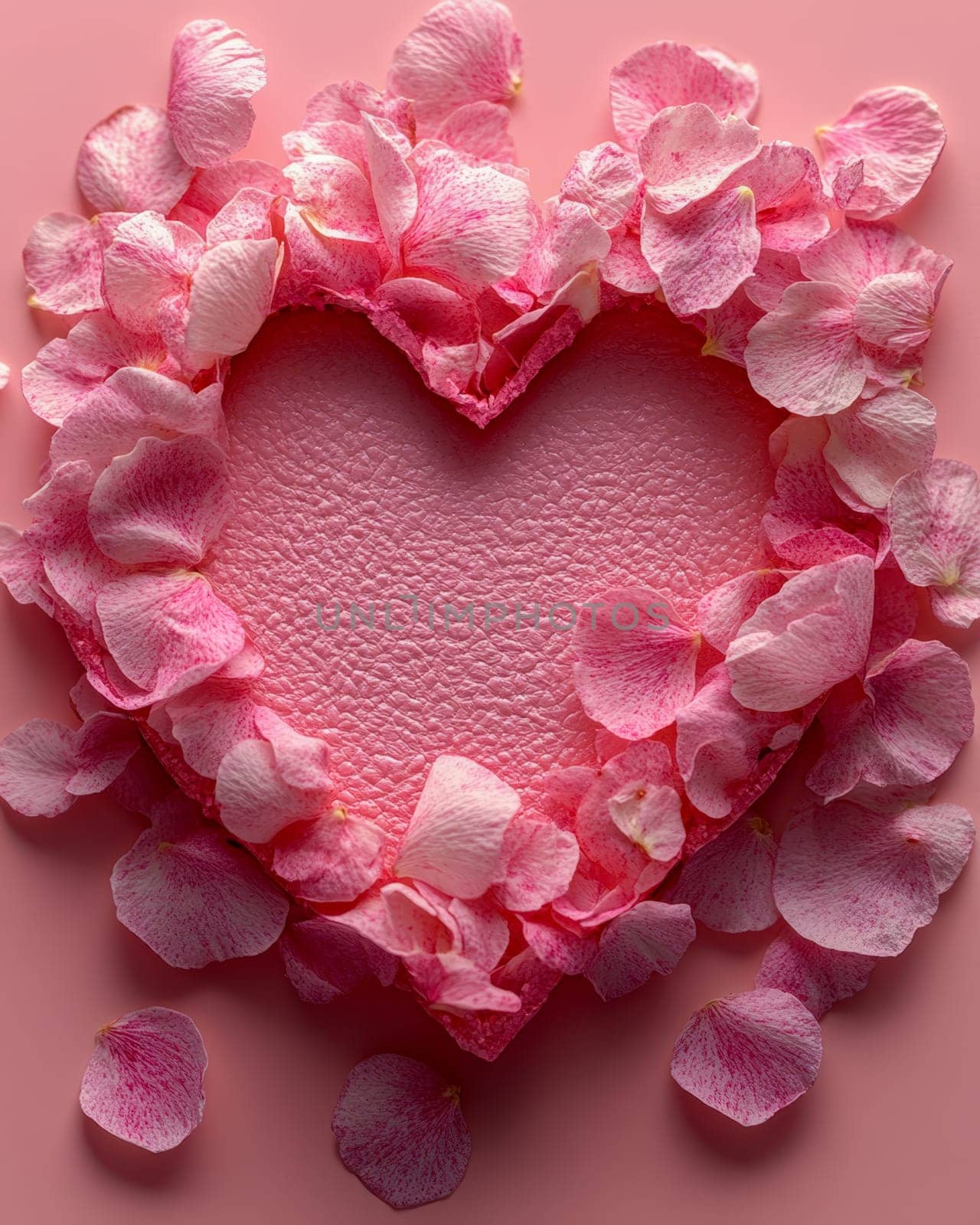 A soft pink textured heart encircled by delicate rose petals on a pastel pink background, evoking romance and tenderness for Valentine's Day