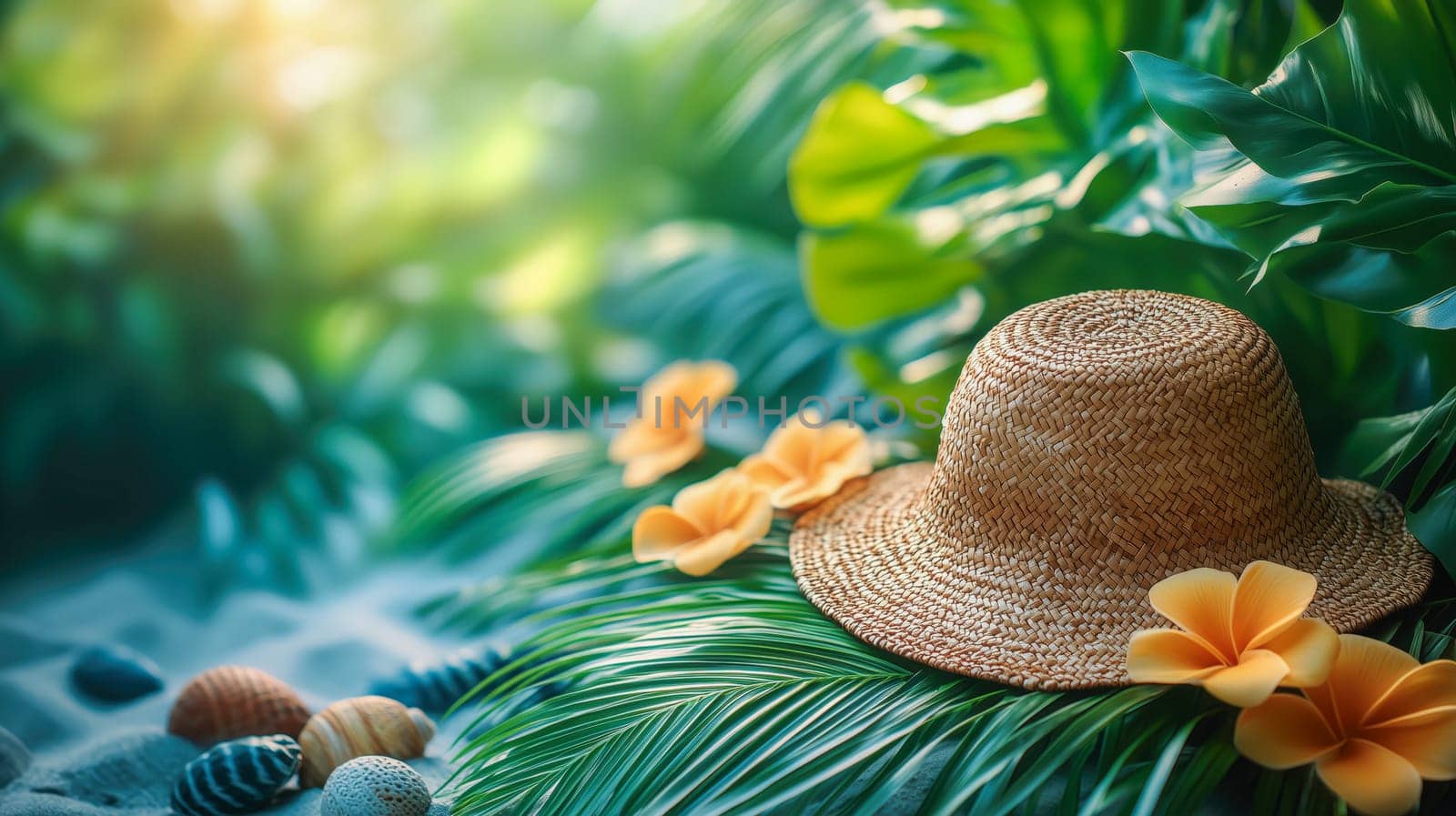 A straw hat rests on lush tropical palm leaves with yellow flowers, illuminated by soft sunlight, evoking a summer vacation atmosphere