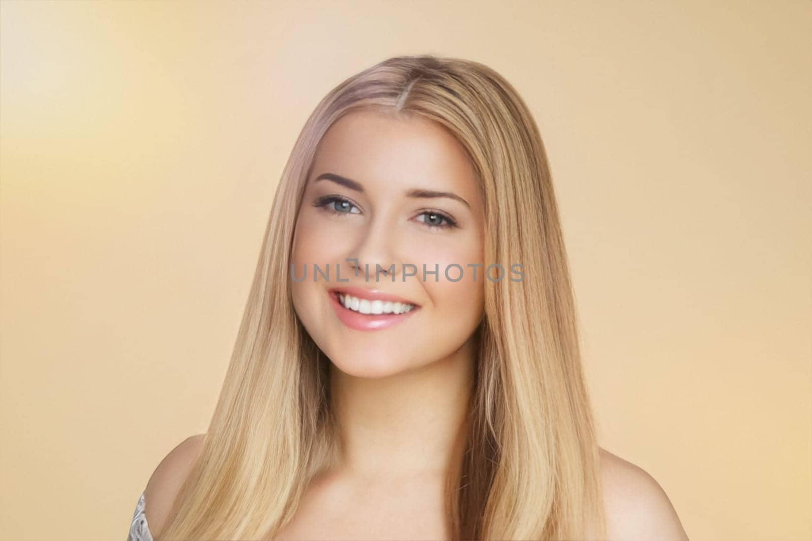 Woman, glowing skin and radiant smile, golden background and elegance. Blonde beautiful woman, beauty and confidence, flawless complexion idea
