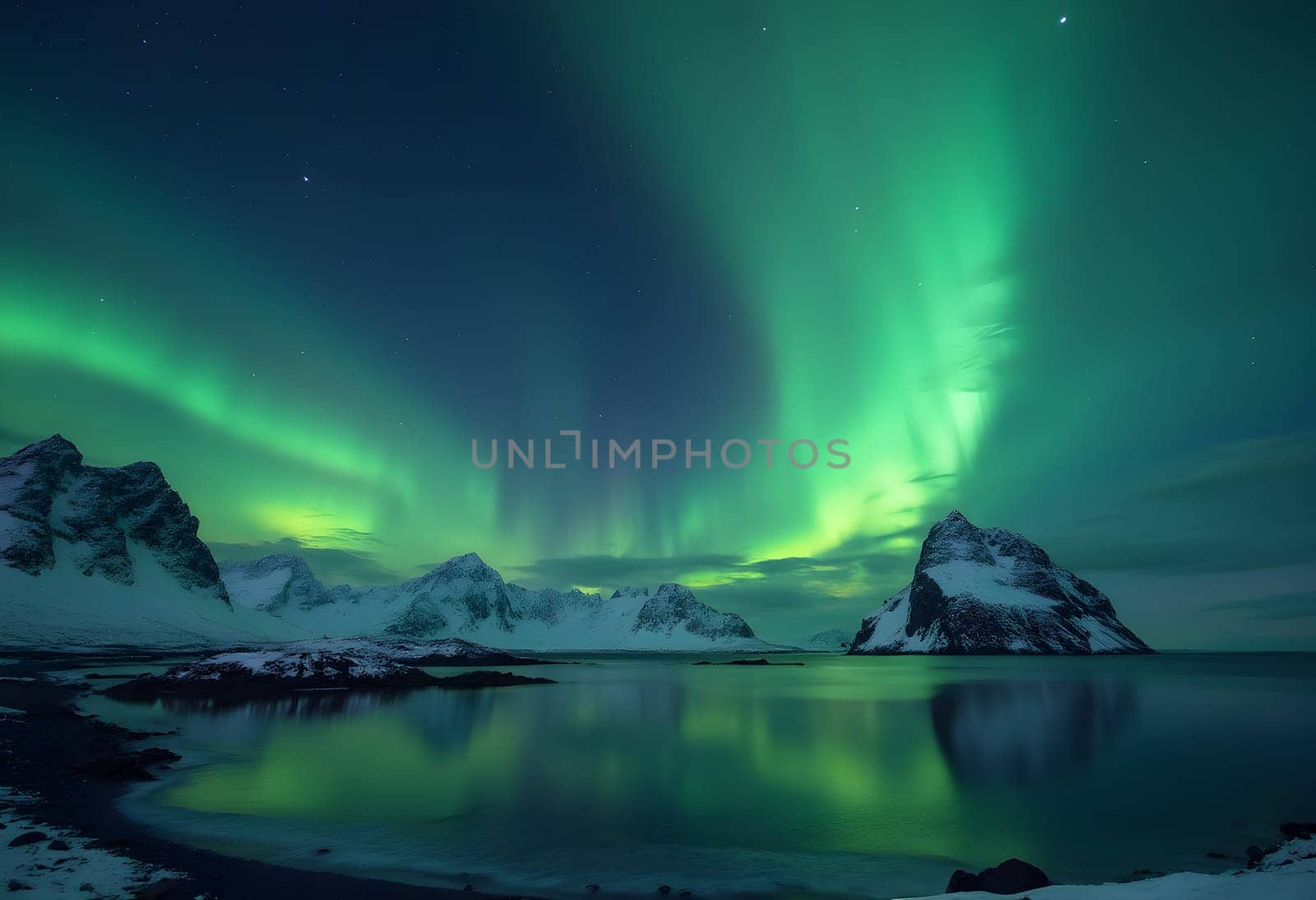 A stunning winter night landscape of the Lofoten Islands, Norway, showcasing the green aurora borealis over mountains and reflecting on the ocean.