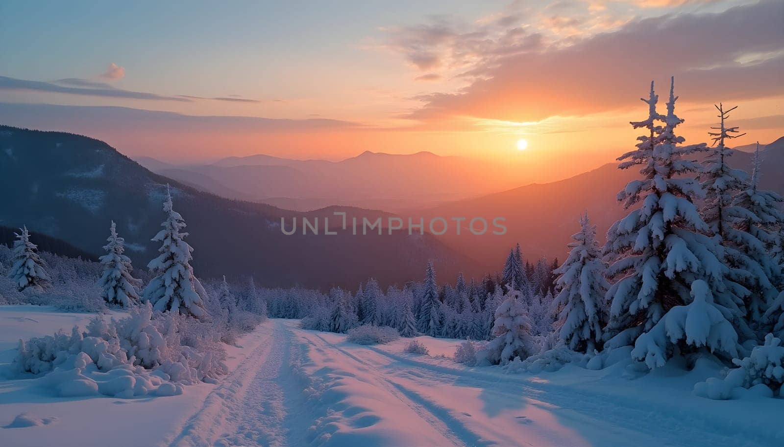A stunning winter sunset over the Carpathian Mountains in Ukraine, showcasing snow-covered peaks and a vibrant sky.