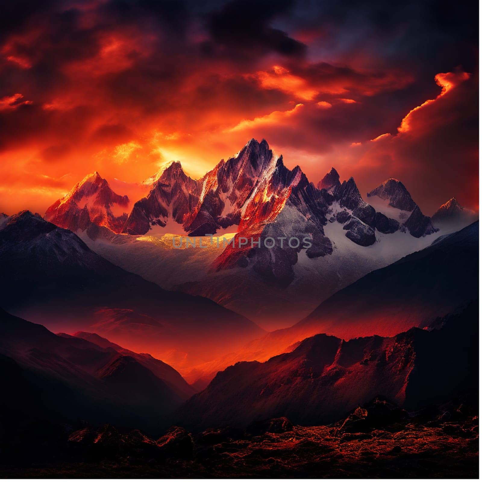 A dramatic mountain range at dusk, with a sky ablaze in fiery red and orange, casting warm hues on the peaks.