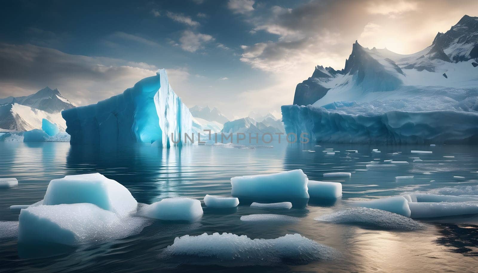 A visual representation of climate change, showing melting glaciers and rising sea levels, highlighting the environmental impact of global warming.