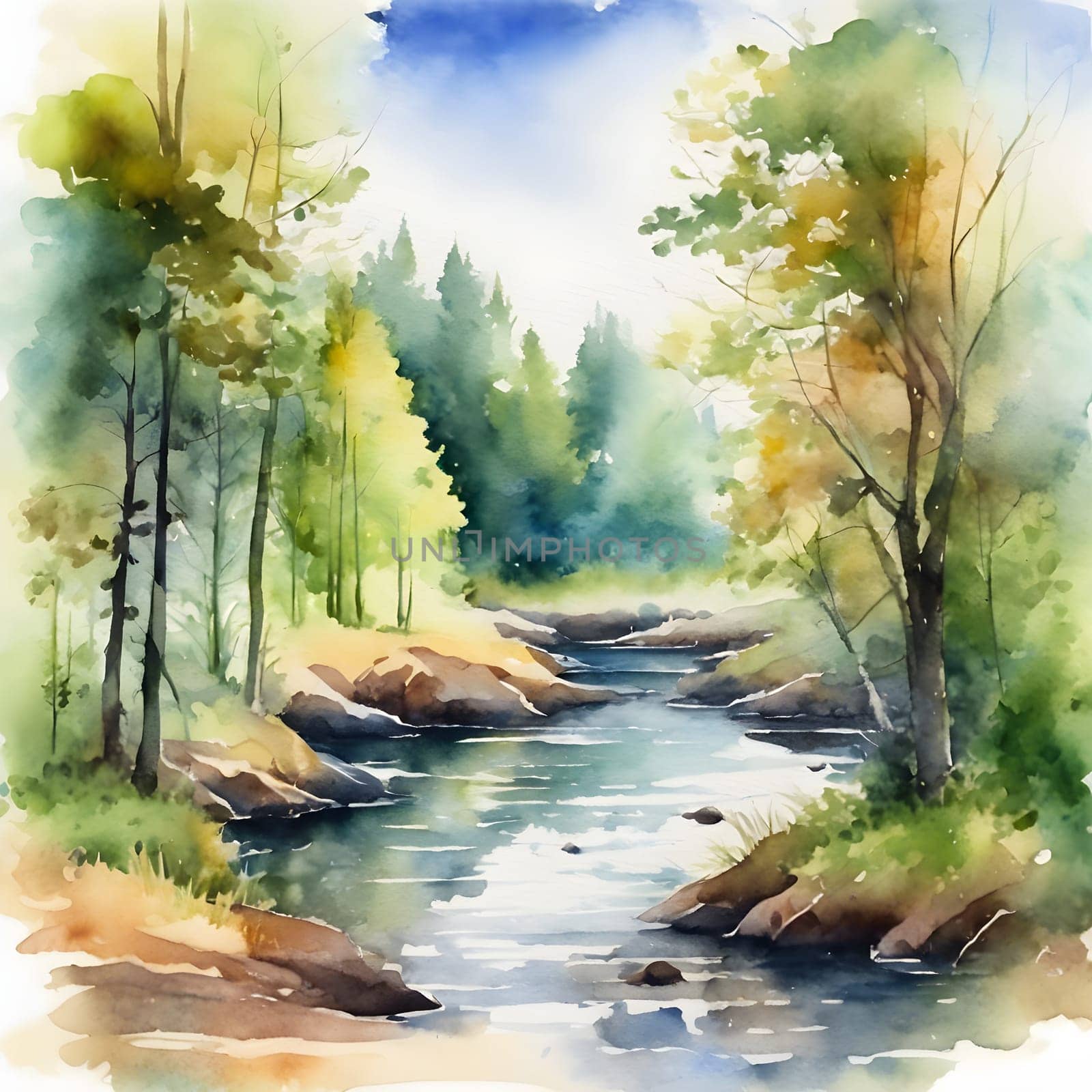 A tranquil watercolor painting of a forest landscape, featuring a calm river flowing through lush greenery under soft light.