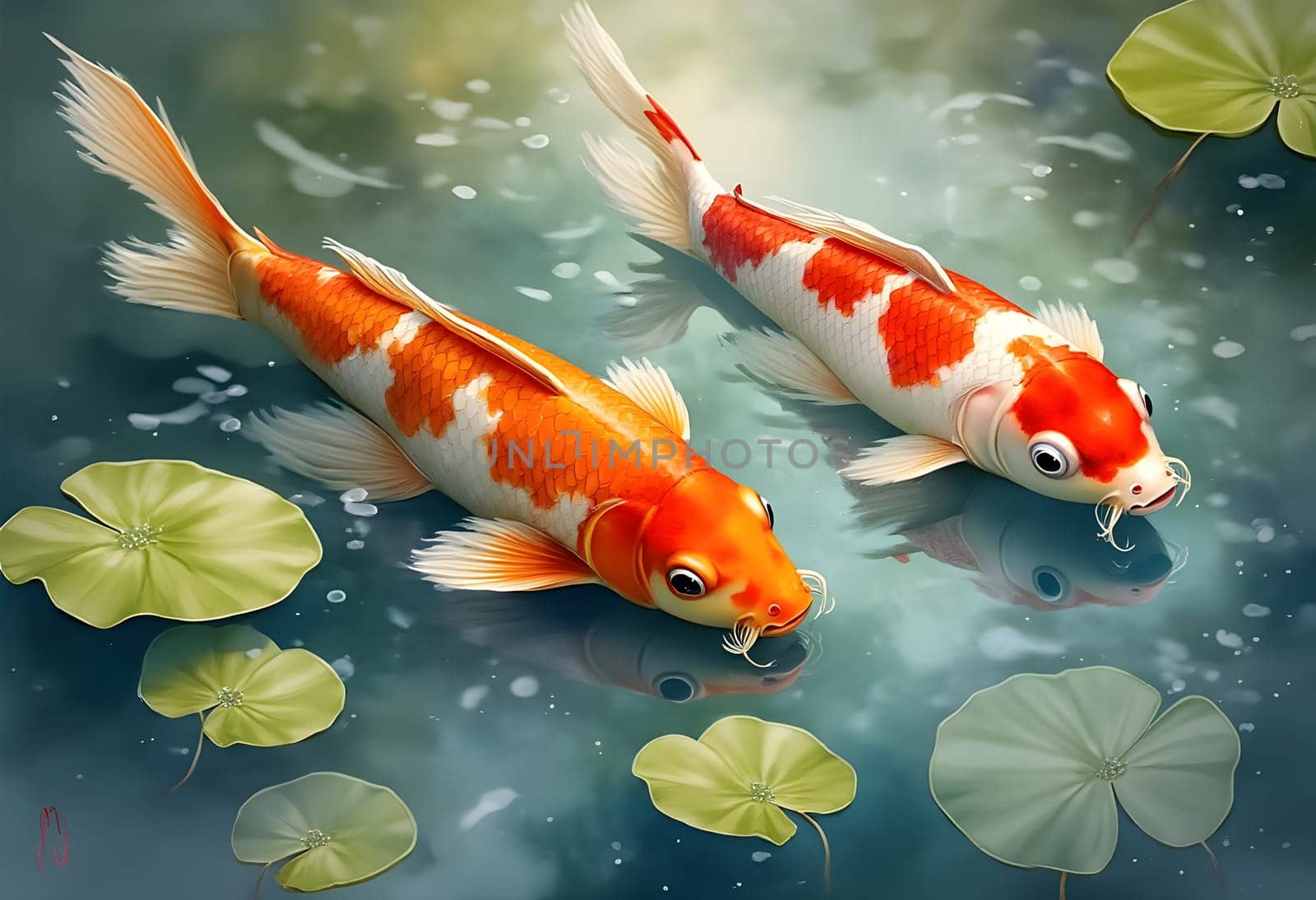 A whimsical watercolor painting of koi fish gracefully swimming in a serene pond, capturing tranquility and natural beauty.