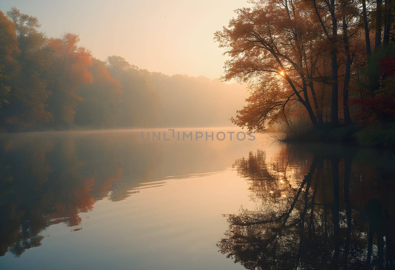 A peaceful watercolor depiction of a serene lakeside scene featuring reflections of trees, creating a calm and harmonious atmosphere.