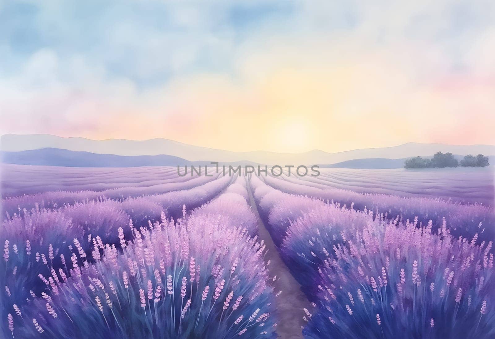 A serene watercolor painting of a blooming lavender field beneath a soft pastel sky, capturing the beauty of nature in tranquil tones.