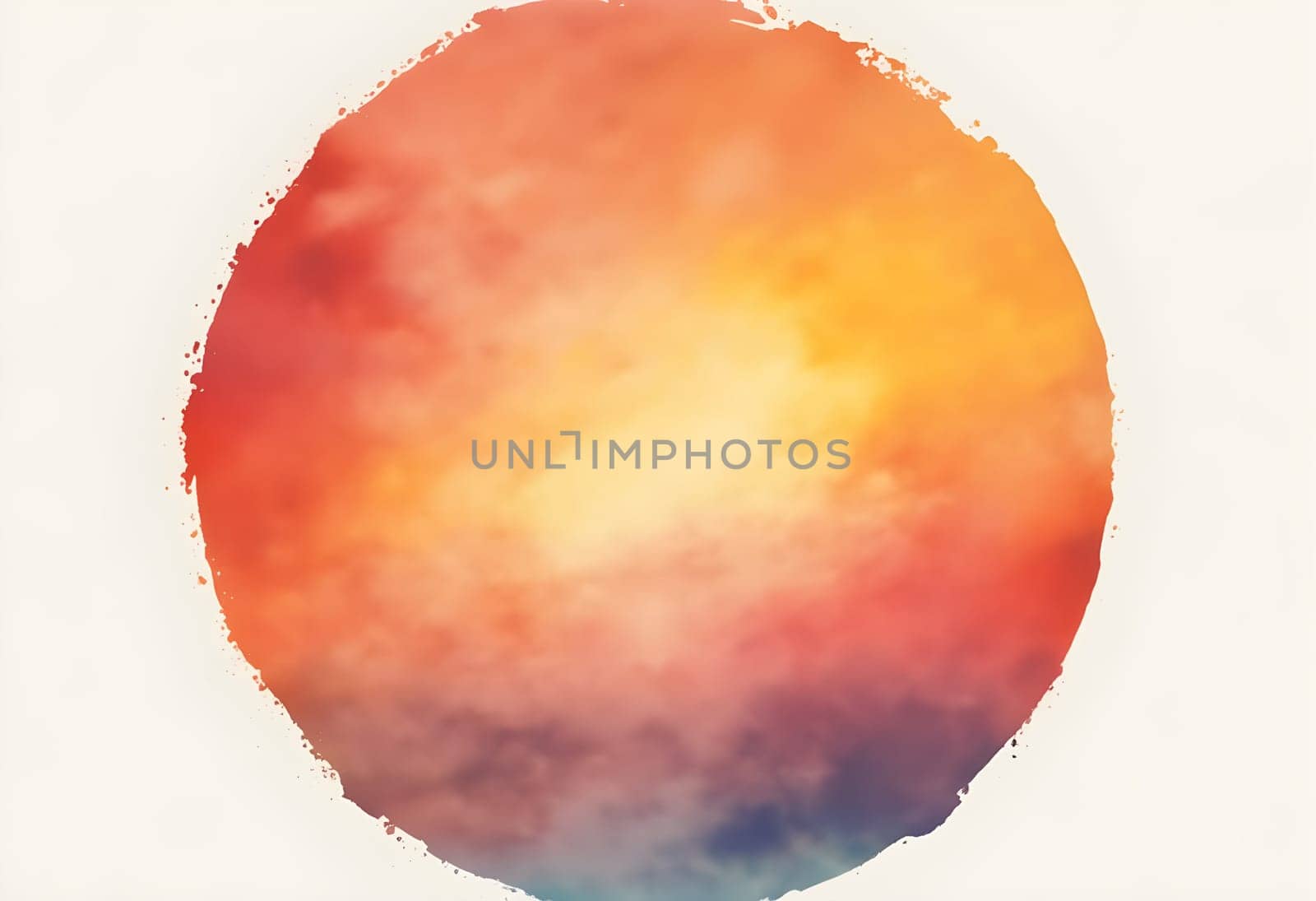 A circular watercolor gradient featuring vibrant sunset hues, blending warm oranges, pinks, and purples.