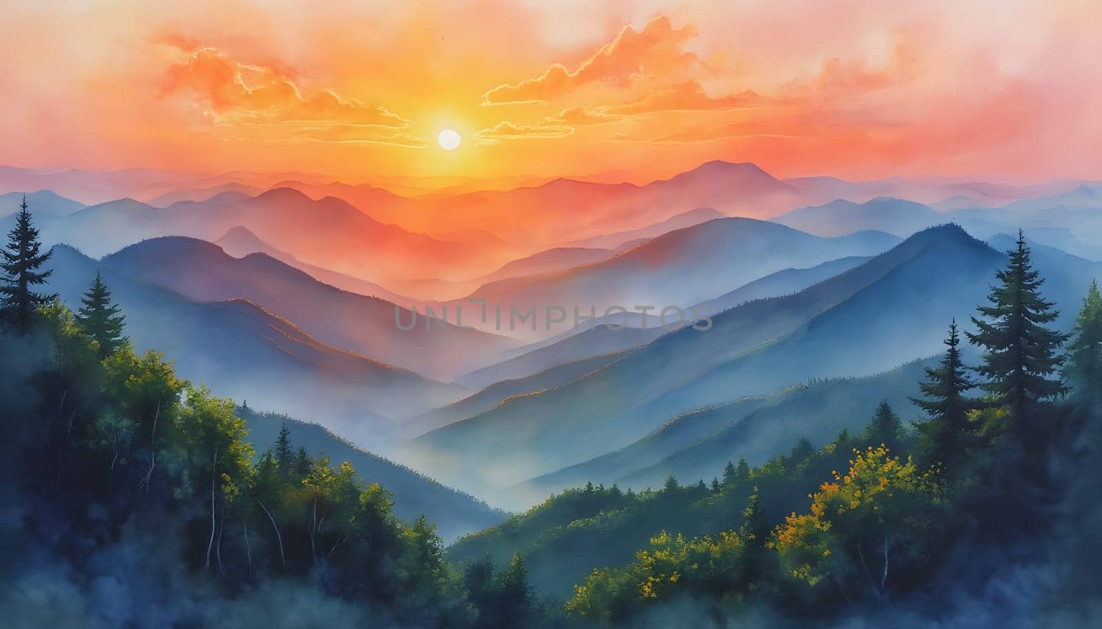 A watercolor painting of Great Smoky Mountains National Park at sunset, showcasing warm hues, misty ridges, and a tranquil atmosphere.