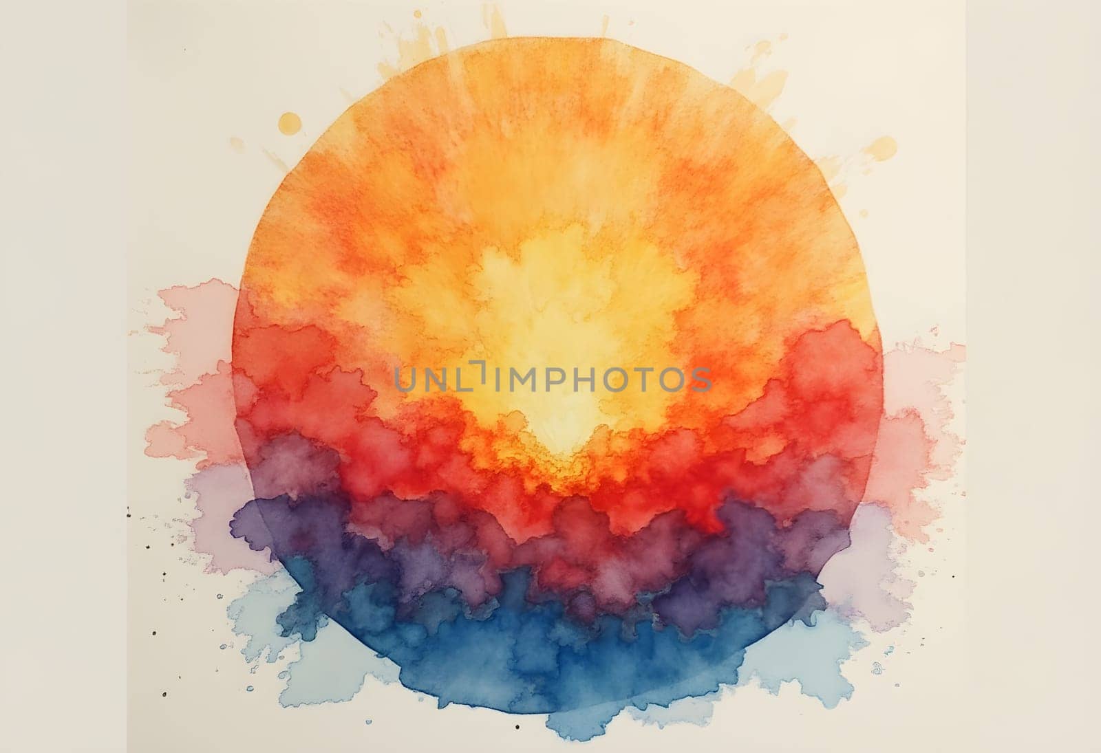 A circular watercolor gradient featuring vibrant sunset hues, blending warm oranges, pinks, and purples.