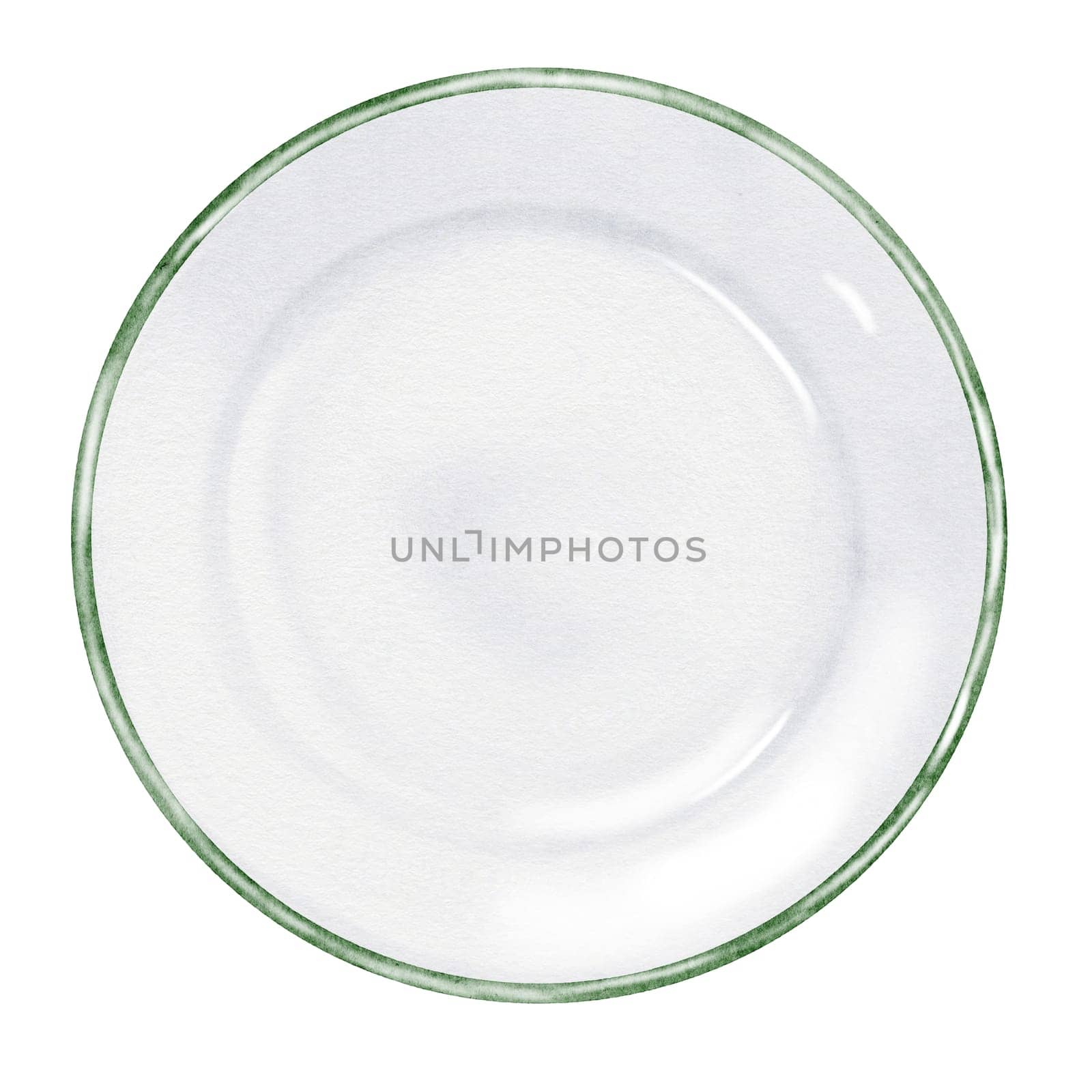 Plate watercolor. Hand drawn porcelain dish with blue border on isolated white background. Clip art tableware. Ideal for restaurant menus, recipe books and advertising posters. High quality illustration