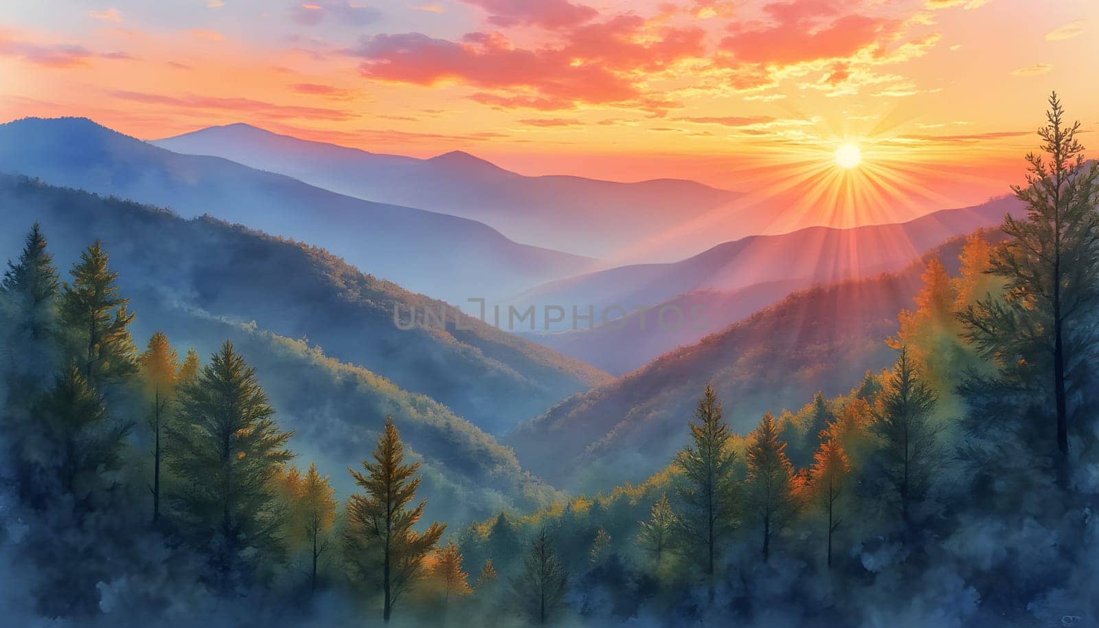 A watercolor painting of Great Smoky Mountains National Park at sunrise, featuring vibrant hues, misty valleys, and majestic peaks.