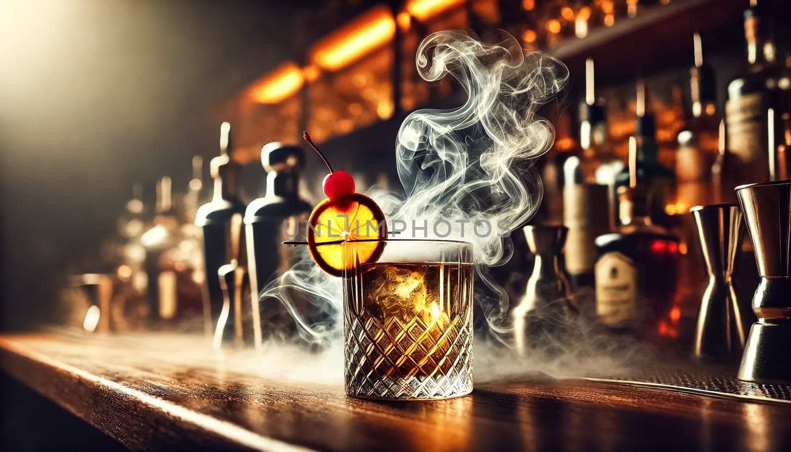 The images showcase an exquisitely crafted cocktail, emitting delicate wisps of smoke on a marble bar top. The rich, dark drink is garnished with a vibrant orange slice and a cherry, while the background reveals a mixologist’s hand at work, all bathed in warm, inviting light.