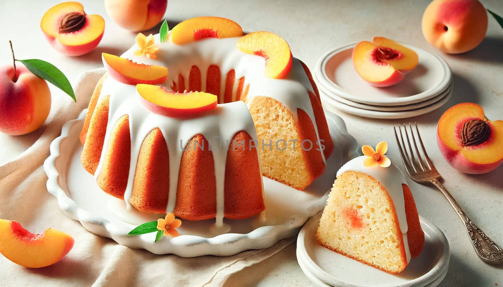 A beautifully sliced bundt cake topped with smooth vanilla glaze, adorned with fresh peach slices and delicate orange flowers. The cake's moist interior contrasts with its golden-brown crust, creating an inviting scene perfect for a summer dessert.
