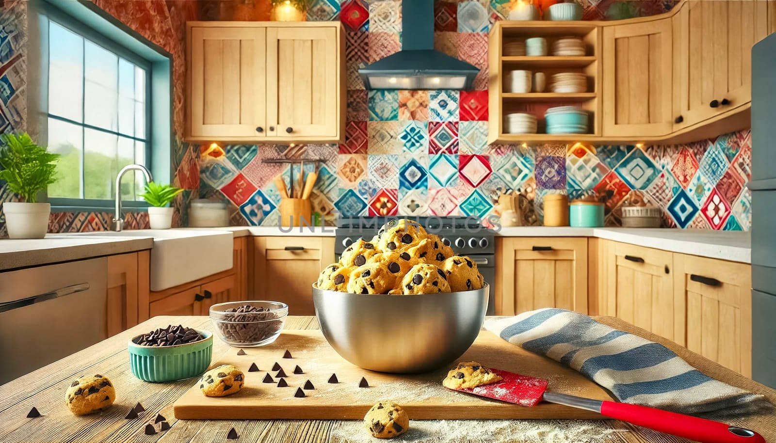 Vibrant and modern kitchen with colorful backsplash tiles and light wood cabinets. The kitchen is a bit messy after baking cookies, with flour on the countertops, used bowls, and chocolate chips scattered around. The cookie dough in a stainless steel bowl is in sharp focus, highlighted by the shallow depth of field.