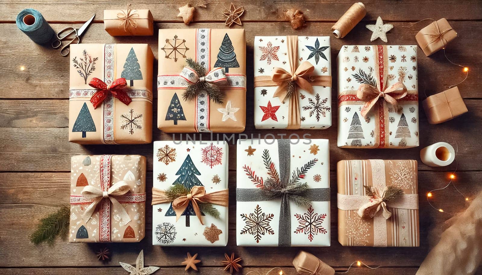 Top-down view of several Christmas presents of different sizes on a wooden table, wrapped in homemade, hand-painted paper with bows and straps. The minimalist and festive designs offer an elegant holiday presentation.