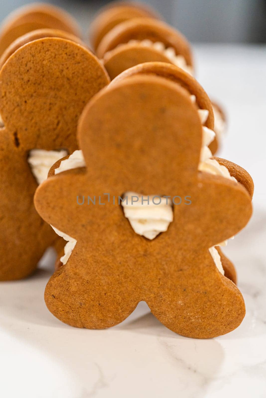 Gingerbread cookies filled with eggnog buttercream stand out, their rich hue complementing the eggnog buttercream, against a gentle background. These festive treats exude a homemade allure.