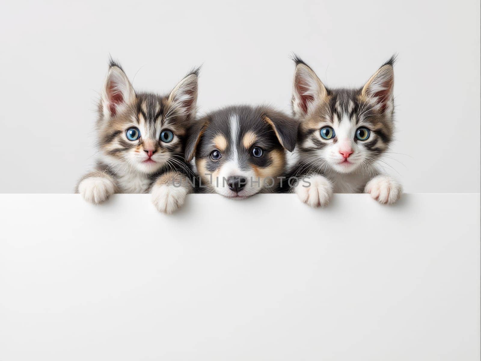 Two playful kittens and an adorable puppy peeking over a blank white sign against a light gray background, creating an irresistibly cute and charming scene perfect for any pet-related theme